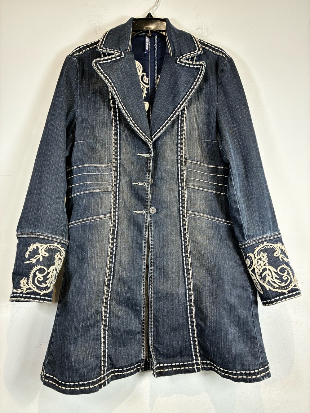 Zenim Dark Blue Denim Coat with White Embroidered Cuffs, Size M